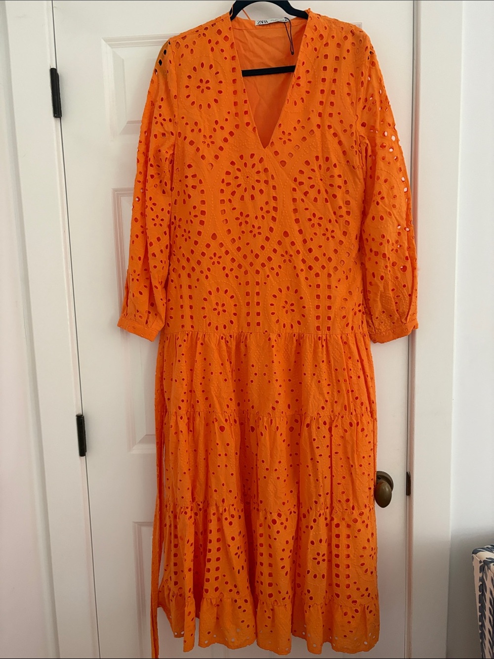 Zara Orange Eyelet V-Neck Midi Dress